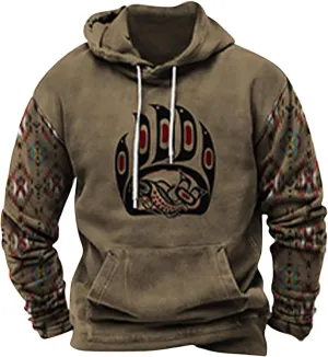 Mens Fashion Hoodies Tops Aztec Ethnic Print Graphic Patchwork Sweatshirts Loose Long Sleeve Pocket Hooded Pullovers