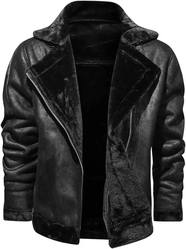 Mens Faux Fur Collar Leather Jacket Vintage Lapel Solid Motorcycle Leather Outwear Winter Fleece Lined Thick Warm Coat Jacket