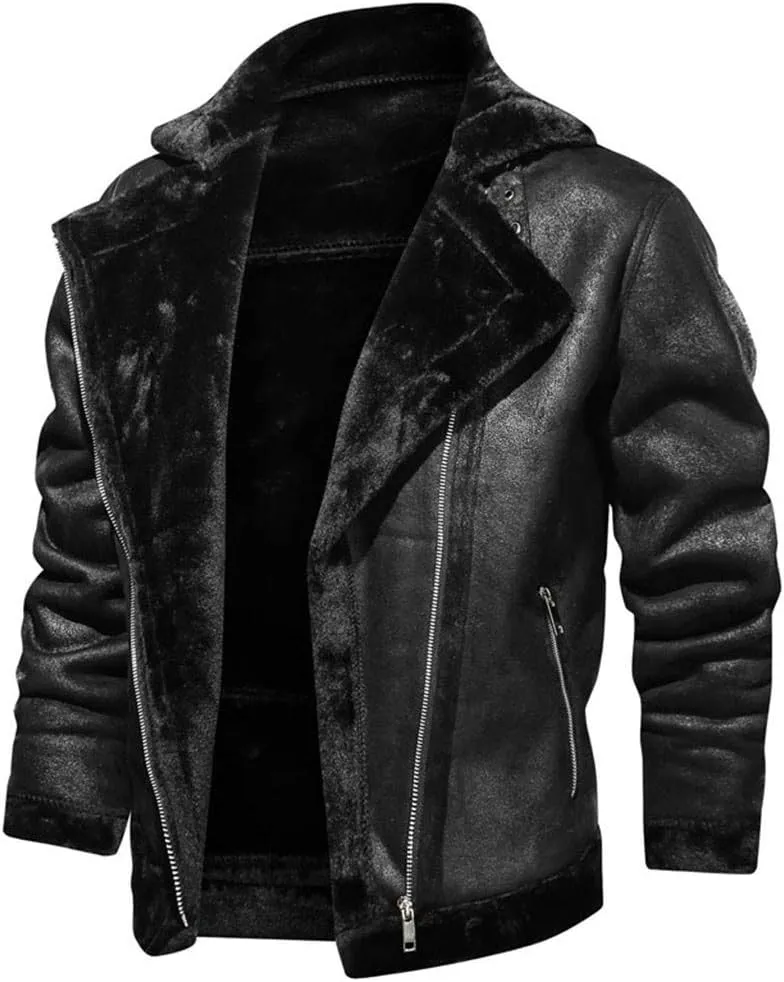 Mens Faux Fur Collar Leather Jacket Vintage Lapel Solid Motorcycle Leather Outwear Winter Fleece Lined Thick Warm Coat Jacket