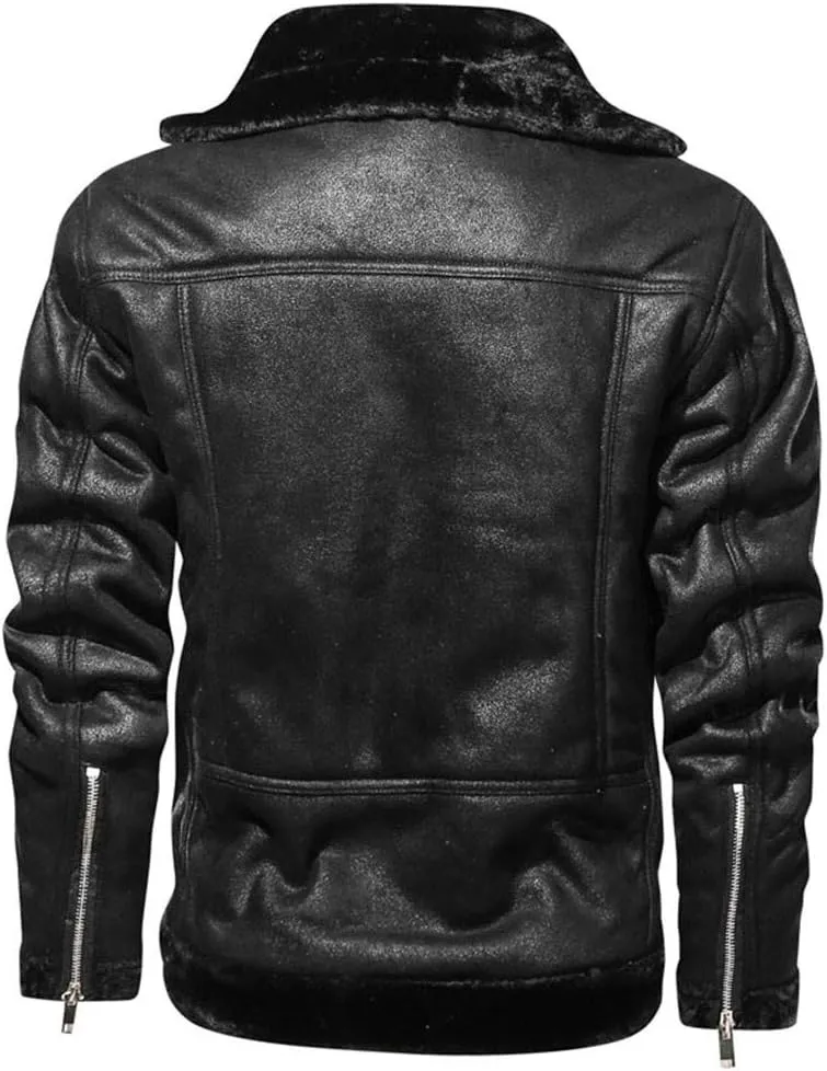 Mens Faux Fur Collar Leather Jacket Vintage Lapel Solid Motorcycle Leather Outwear Winter Fleece Lined Thick Warm Coat Jacket
