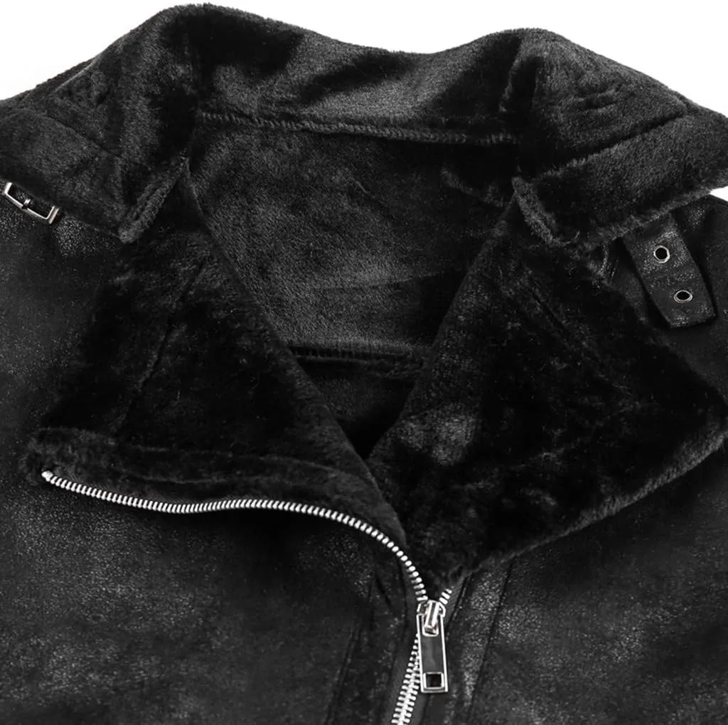Mens Faux Fur Collar Leather Jacket Vintage Lapel Solid Motorcycle Leather Outwear Winter Fleece Lined Thick Warm Coat Jacket