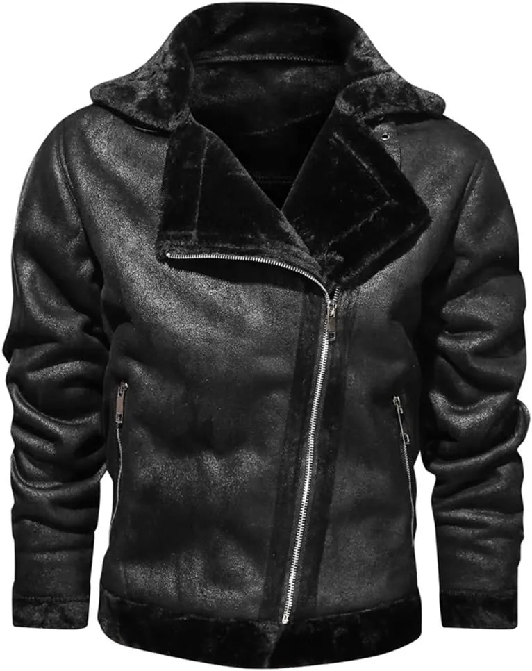 Mens Faux Fur Collar Leather Jacket Vintage Lapel Solid Motorcycle Leather Outwear Winter Fleece Lined Thick Warm Coat Jacket