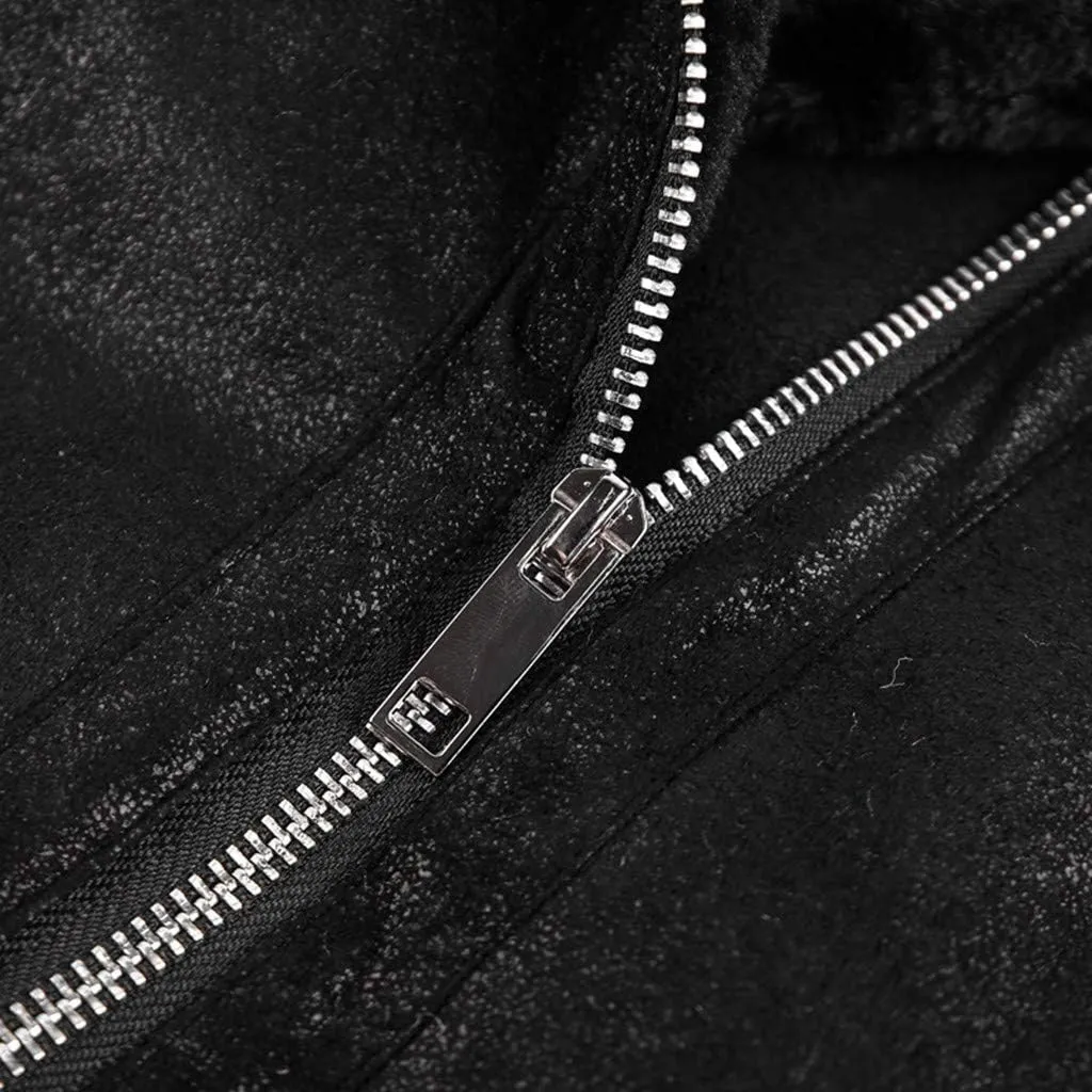 Mens Faux Fur Collar Leather Jacket Vintage Lapel Solid Motorcycle Leather Outwear Winter Fleece Lined Thick Warm Coat Jacket