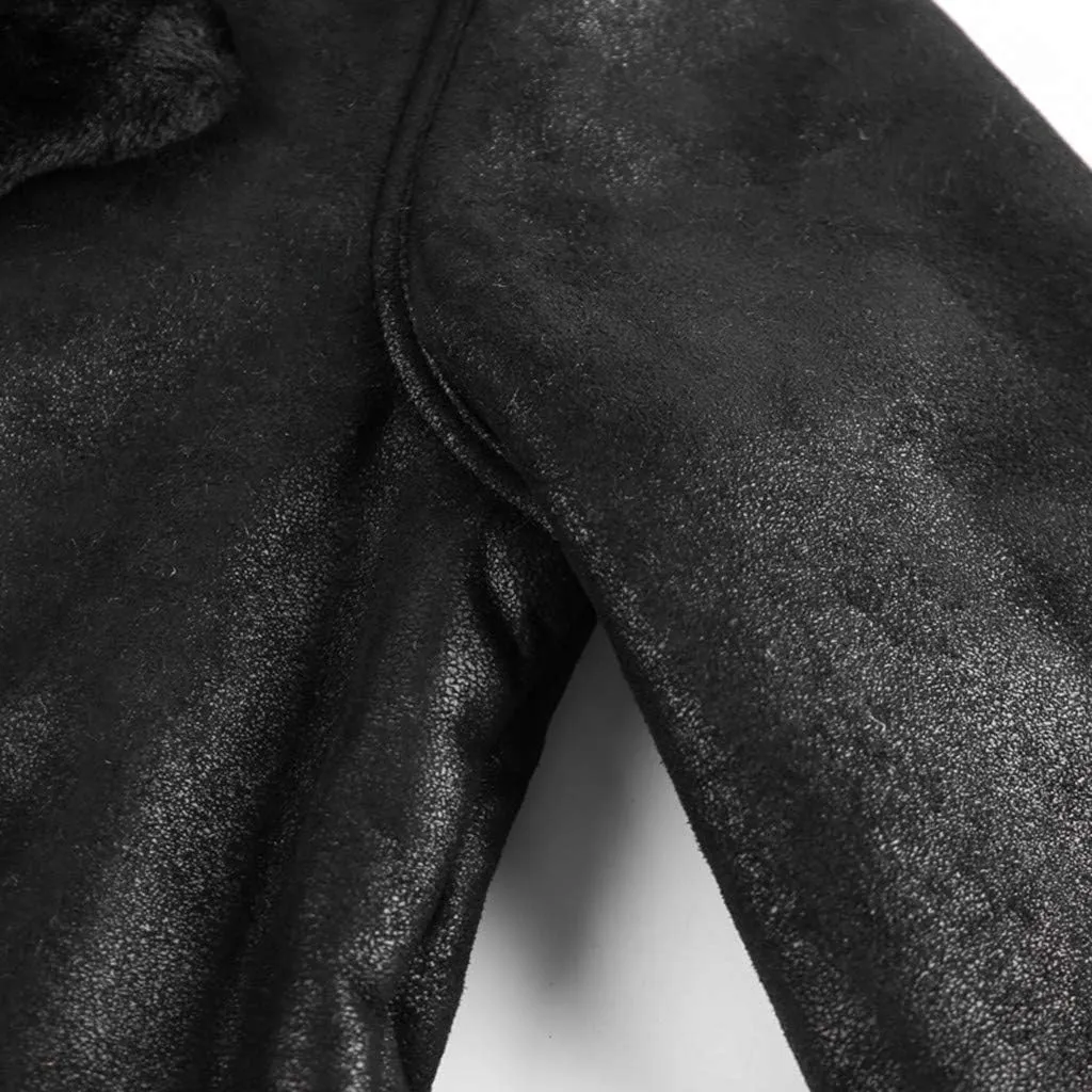 Mens Faux Fur Collar Leather Jacket Vintage Lapel Solid Motorcycle Leather Outwear Winter Fleece Lined Thick Warm Coat Jacket