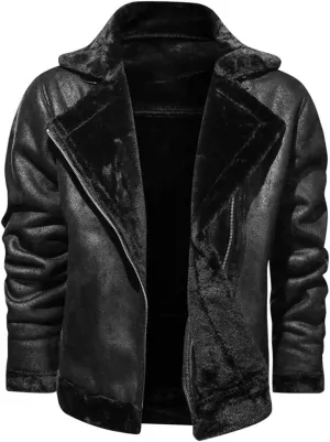 Mens Faux Fur Collar Leather Jacket Vintage Lapel Solid Motorcycle Leather Outwear Winter Fleece Lined Thick Warm Coat Jacket