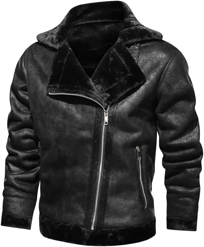 Mens Faux Fur Collar Leather Jacket Vintage Lapel Solid Motorcycle Leather Outwear Winter Fleece Lined Thick Warm Coat Jacket