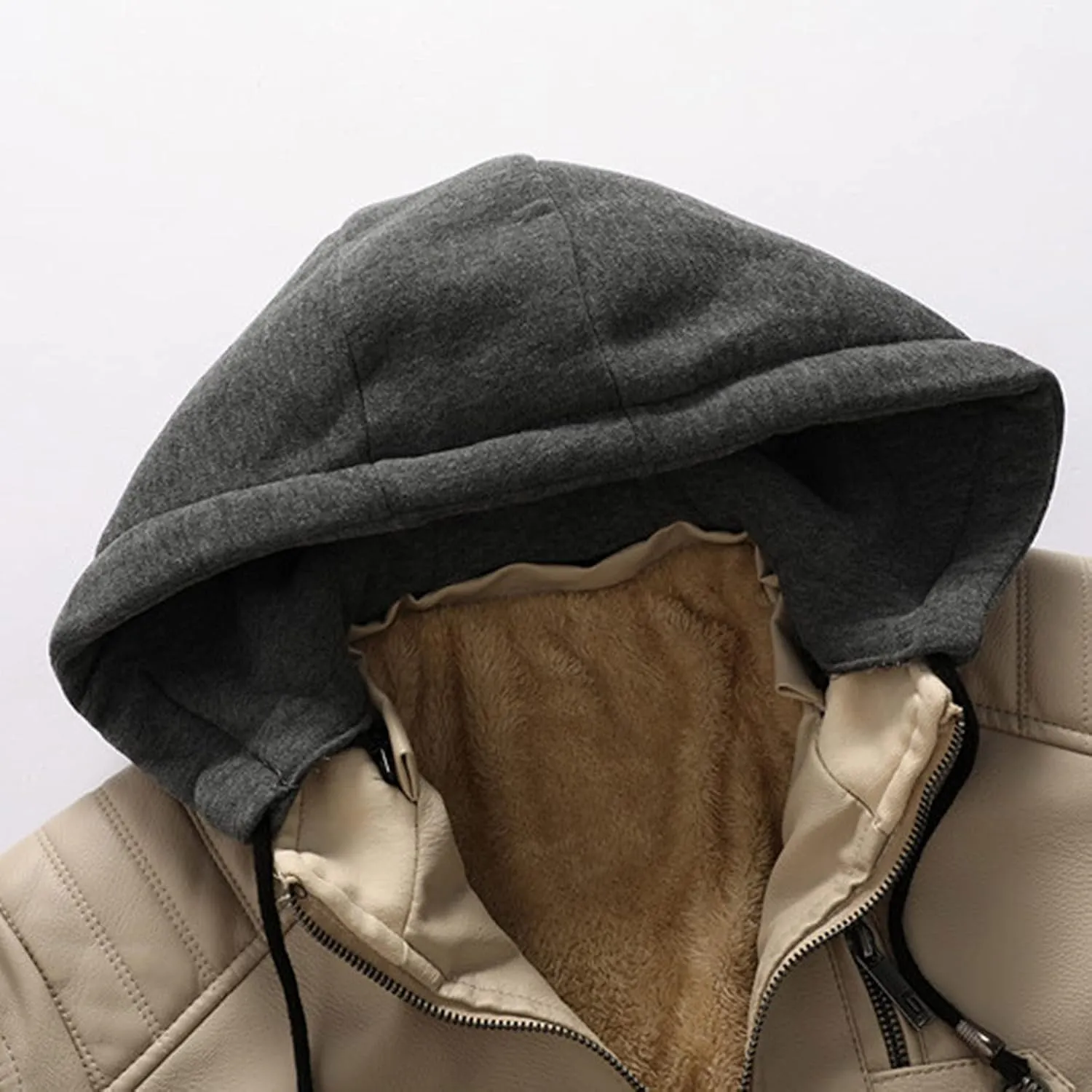 Mens Faux Leather Hooded Racer Jacket Leather Moto Jacket Fall Winter Leather Jackets Vintage Casual Motorcycle Coat
