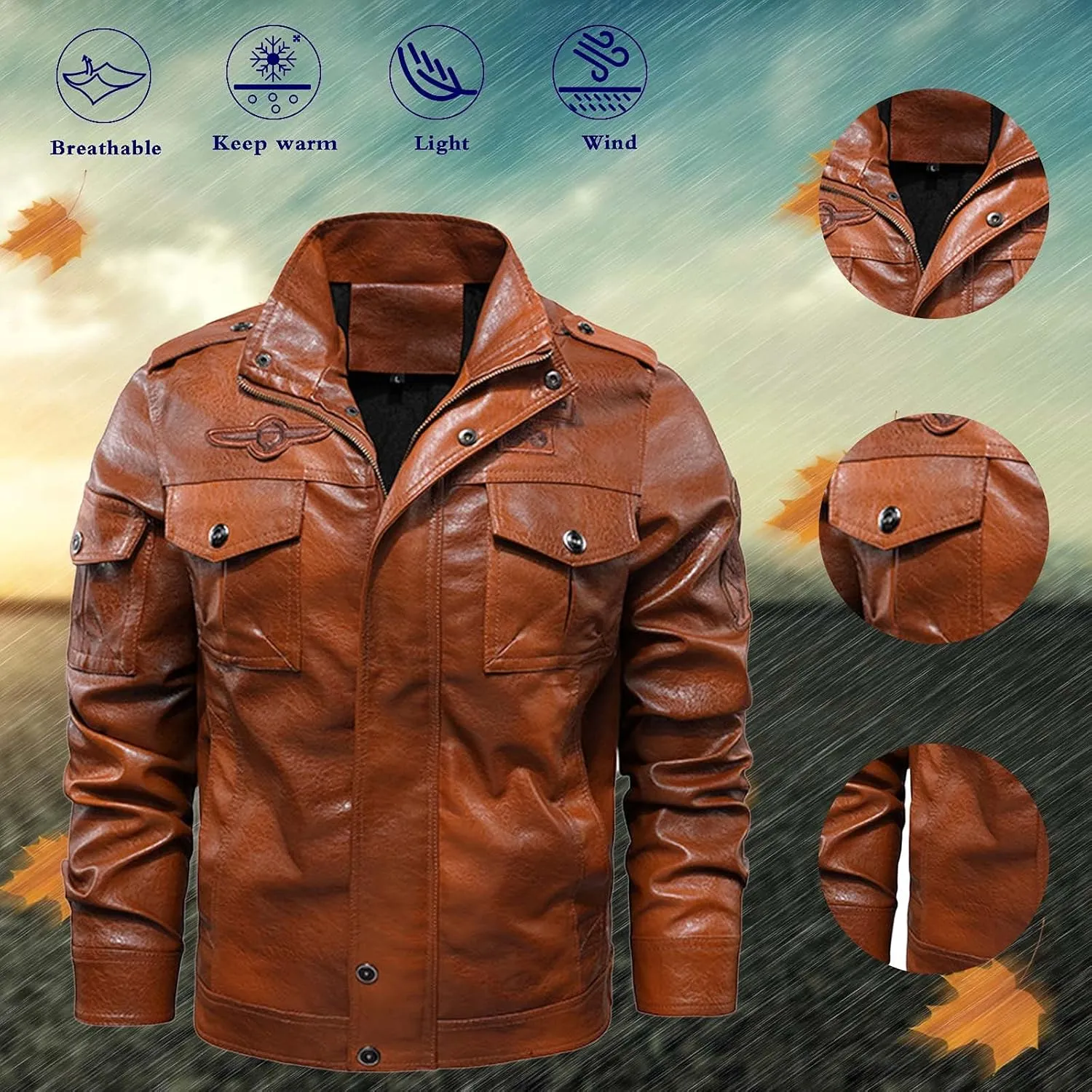 Mens Faux Leather Hooded Racer Jacket Leather Moto Jacket Fall Winter Leather Jackets Vintage Casual Motorcycle Coat