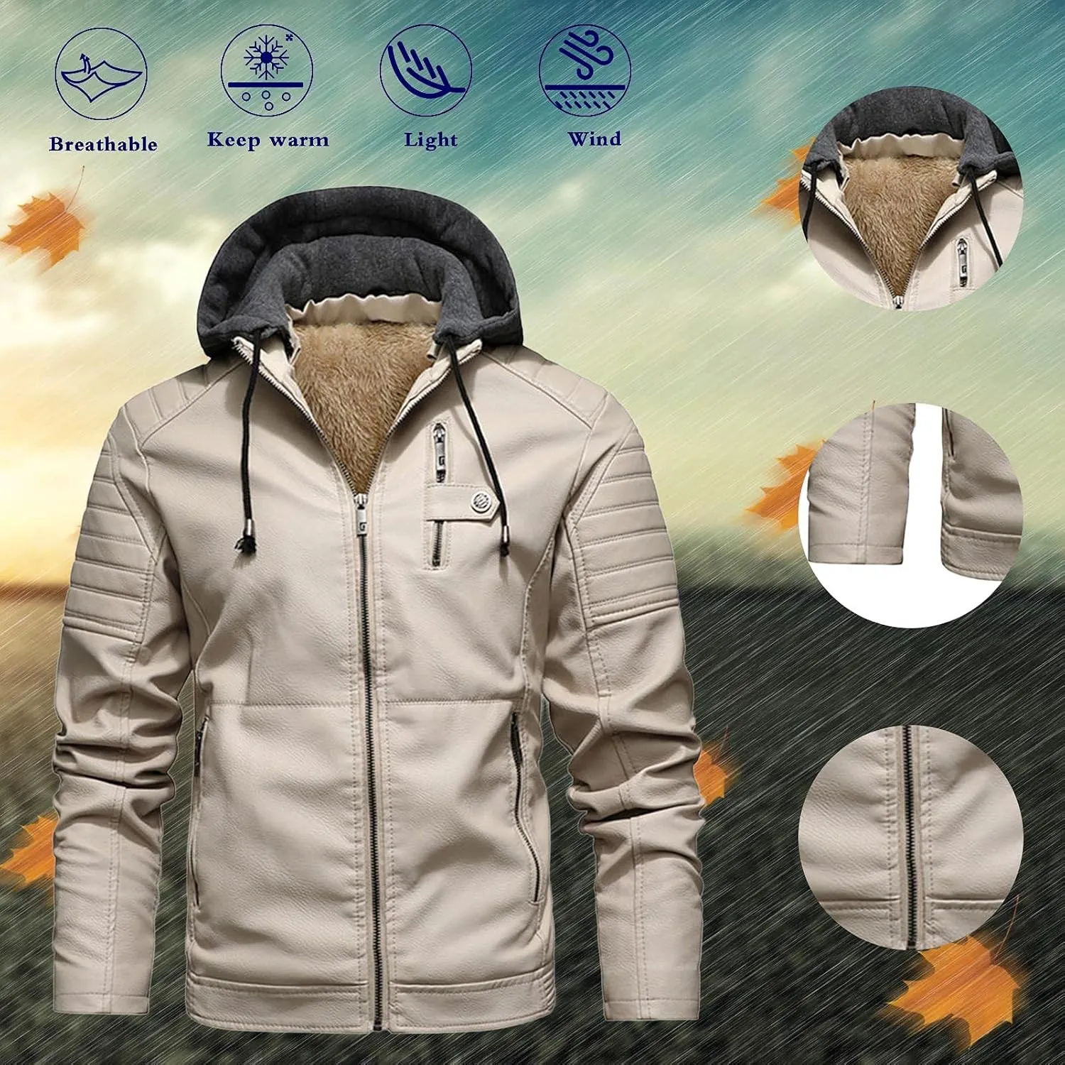 Mens Faux Leather Hooded Racer Jacket Leather Moto Jacket Fall Winter Leather Jackets Vintage Casual Motorcycle Coat