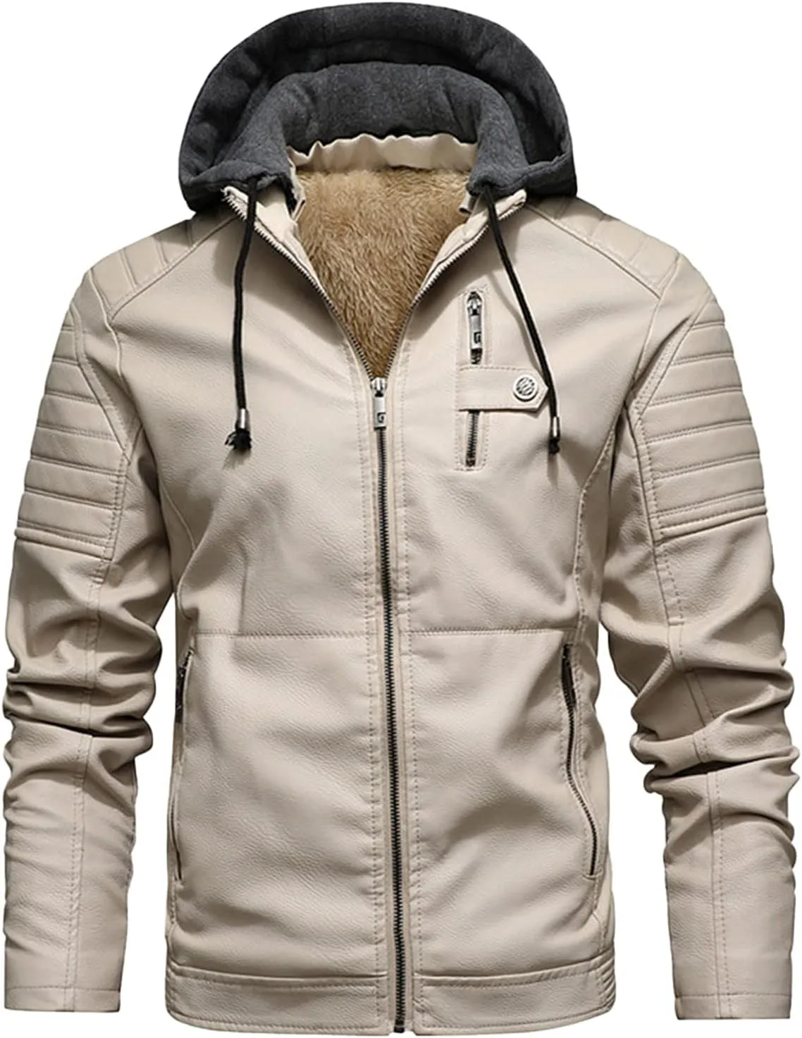 Mens Faux Leather Hooded Racer Jacket Leather Moto Jacket Fall Winter Leather Jackets Vintage Casual Motorcycle Coat