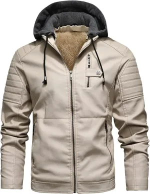 Mens Faux Leather Hooded Racer Jacket Leather Moto Jacket Fall Winter Leather Jackets Vintage Casual Motorcycle Coat
