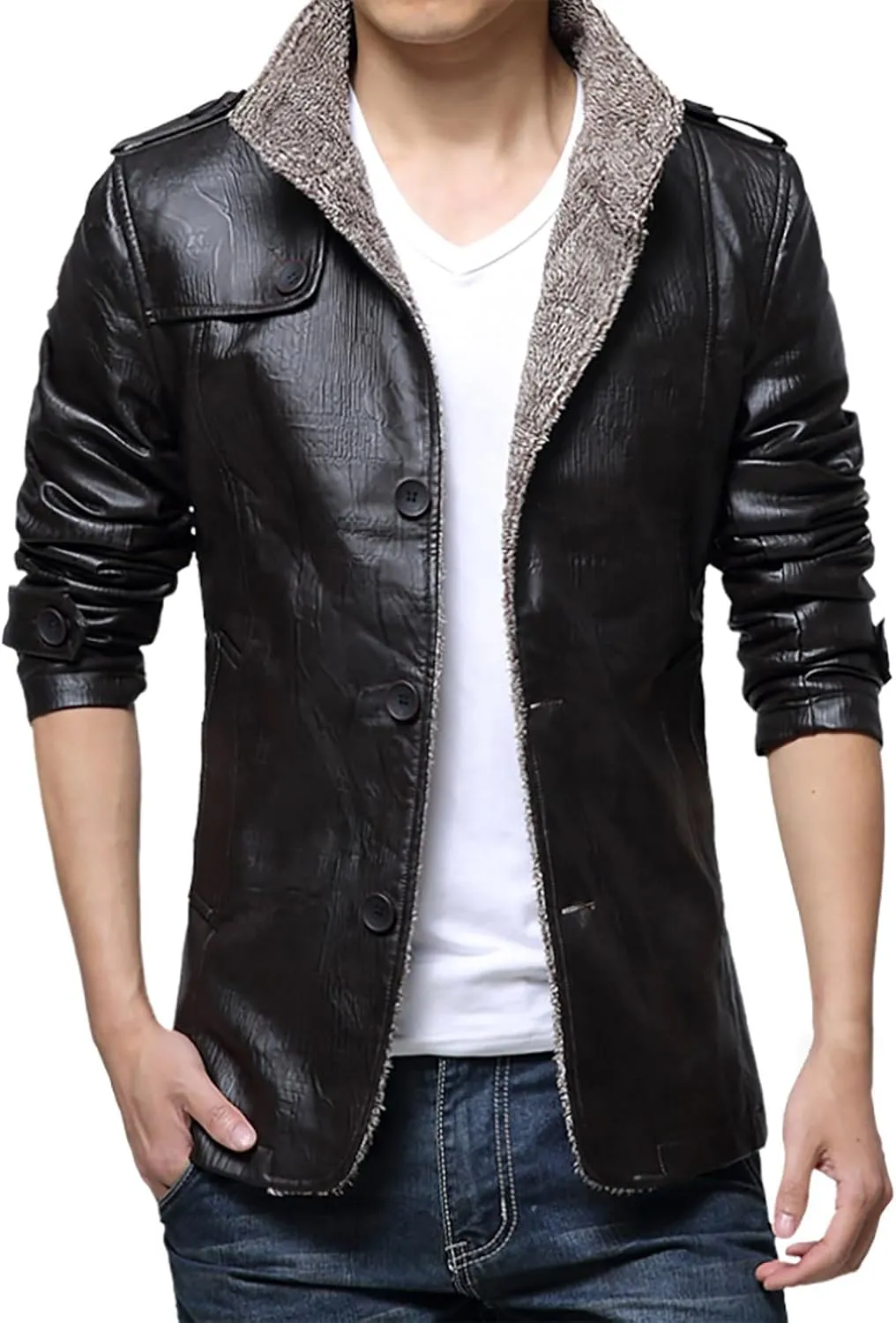 Mens Faux Leather Jacket, Fleece Lined Sherpa Fall Winter Warmer Windbreaker, Motorcycle Biker Bomber Coat Outwear