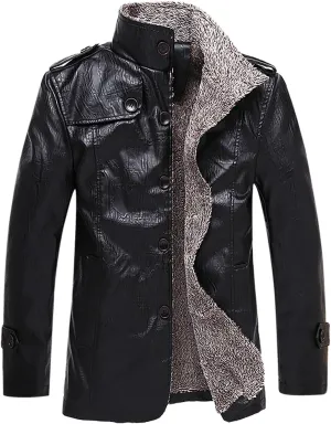 Mens Faux Leather Jacket, Fleece Lined Sherpa Fall Winter Warmer Windbreaker, Motorcycle Biker Bomber Coat Outwear