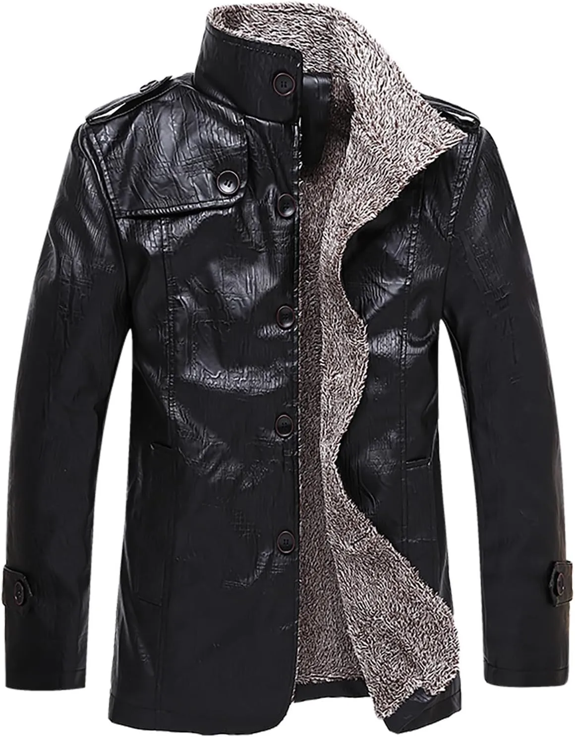 Mens Faux Leather Jacket, Fleece Lined Sherpa Fall Winter Warmer Windbreaker, Motorcycle Biker Bomber Coat Outwear