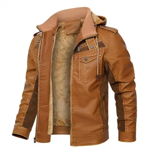 Men's Faux Leather Jacket Stand Collar Motorcycle Bomber Jackets with Hood Wnter Velvet Leather Zipper Pocket Hoodies