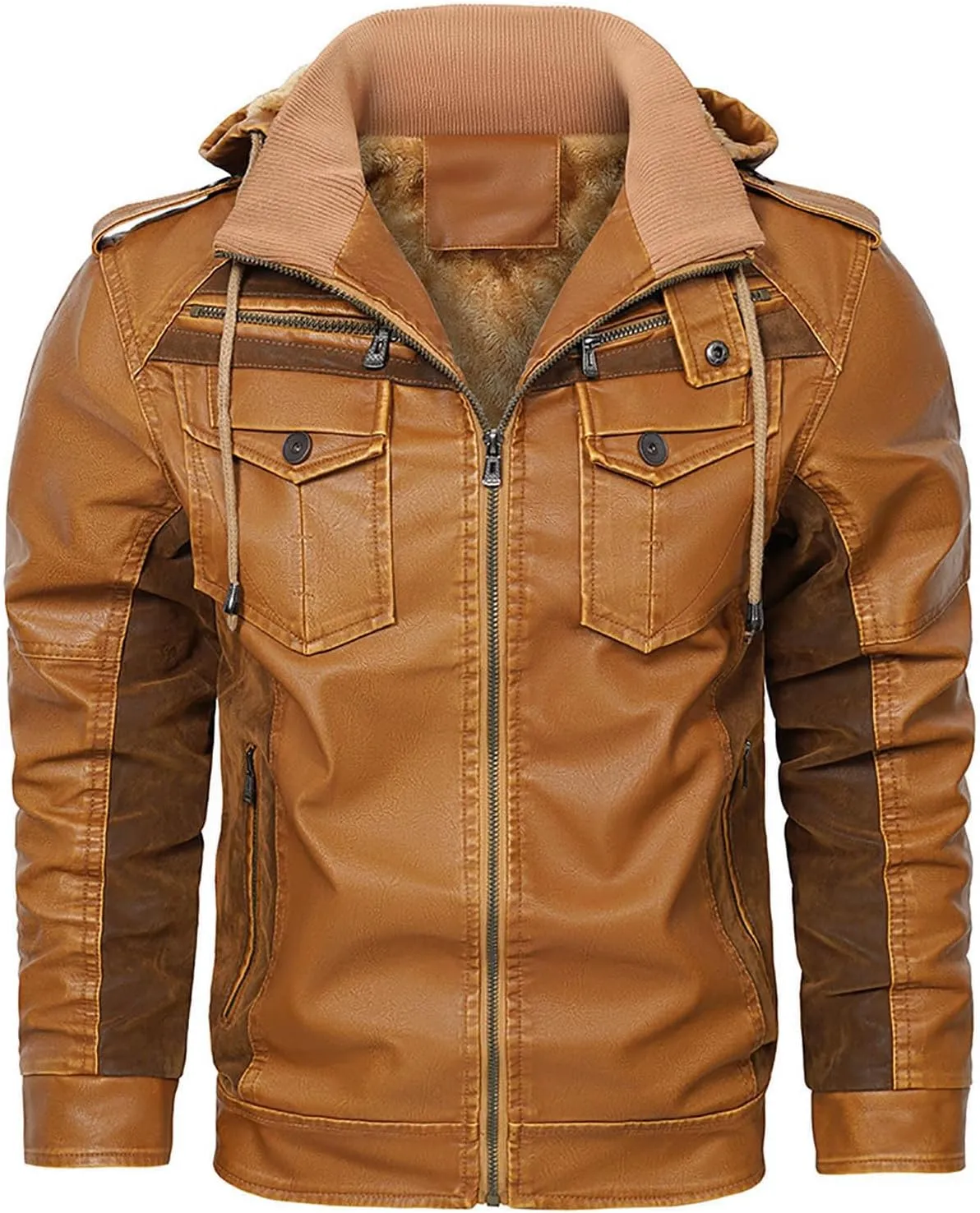 Men's Faux Leather Jacket Stand Collar Motorcycle Bomber Jackets with Hood Wnter Velvet Leather Zipper Pocket Hoodies