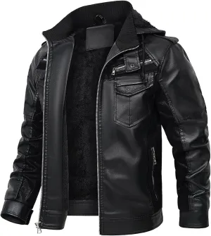 Men's Faux Leather Jacket Stand Collar Motorcycle Bomber Jackets with Hood Wnter Velvet Leather Zipper Pocket Hoodies