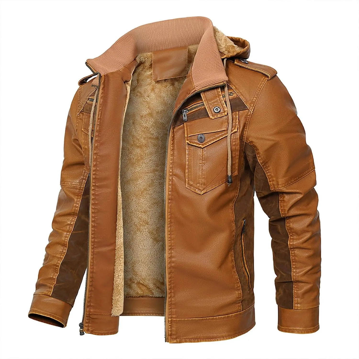 Men's Faux Leather Jacket Stand Collar Motorcycle Bomber Jackets with Hood Wnter Velvet Leather Zipper Pocket Hoodies