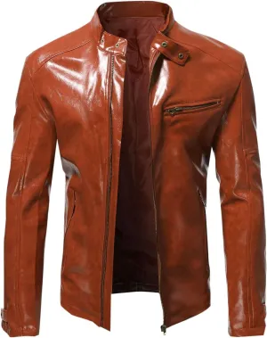 Men's Faux Leather Jackets Stand Collar PU Leather Motorcycle Zipper Coat Biker Windbreaker with Multiple Pockets