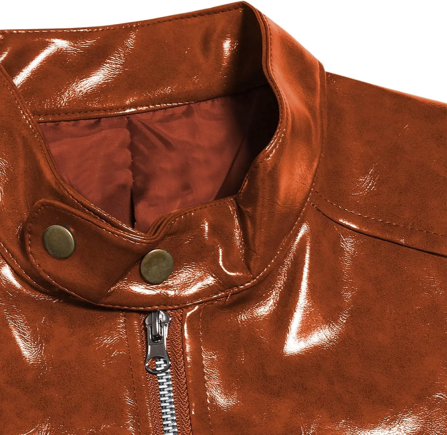 Men's Faux Leather Jackets Stand Collar PU Leather Motorcycle Zipper Coat Biker Windbreaker with Multiple Pockets