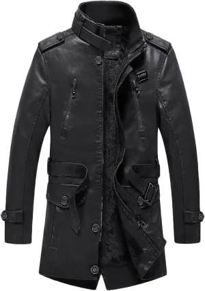Mens Faux Pu Leather Trench Coat Sherpa Lined Warm Windproof Overcoat Motorcycle Zipper Bomber Jacket Coat Outwear