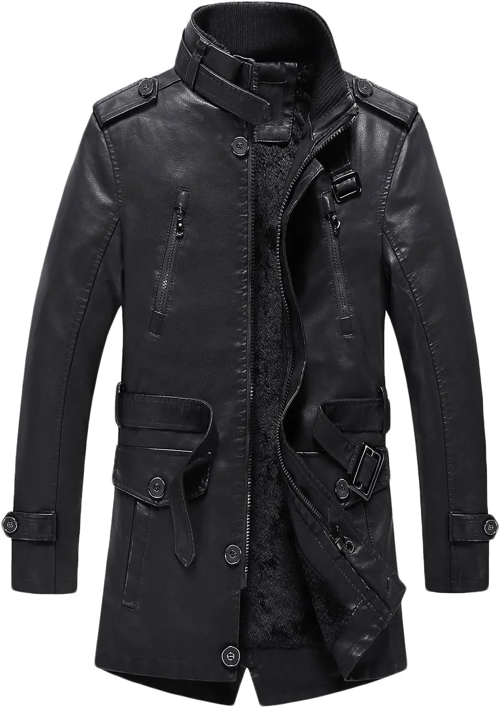 Mens Faux Pu Leather Trench Coat Sherpa Lined Warm Windproof Overcoat Motorcycle Zipper Bomber Jacket Coat Outwear