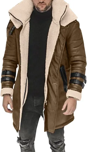 Men's Faux Shearling Midlength Overcoat Winter Thermal Sherpa Lined Long Jacket Fur Collar Suede Leather Trench Coat
