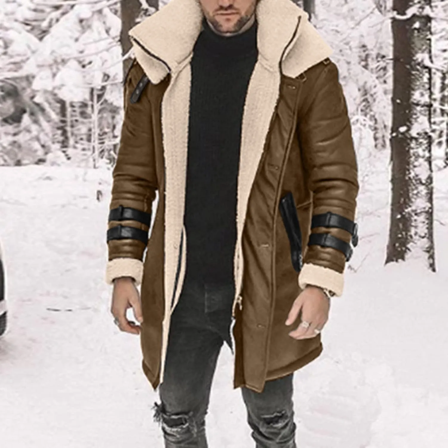 Men's Faux Shearling Midlength Overcoat Winter Thermal Sherpa Lined Long Jacket Fur Collar Suede Leather Trench Coat