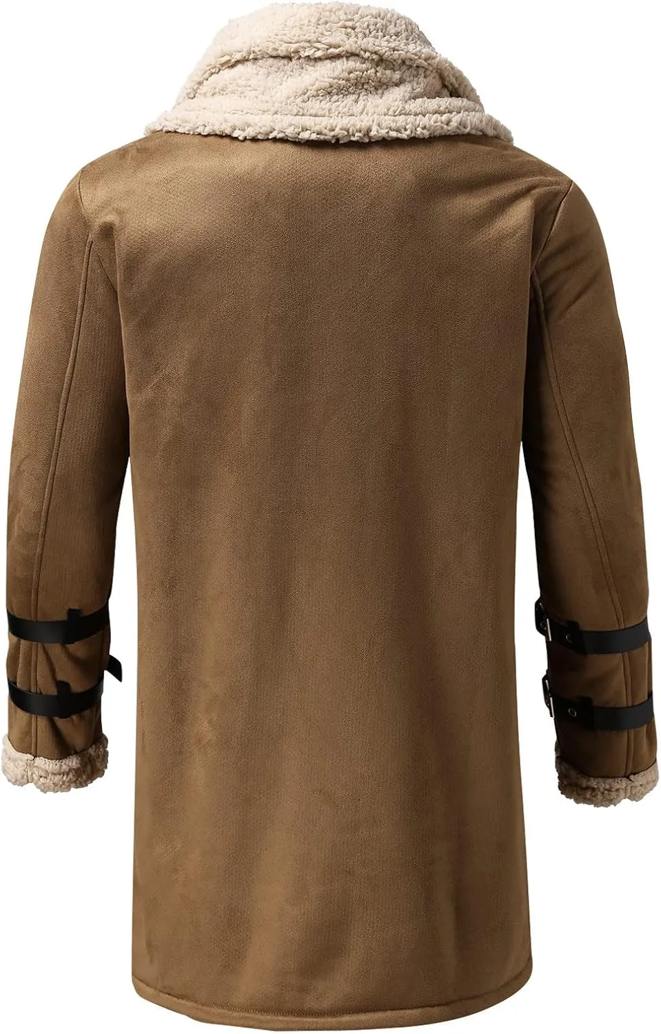 Men's Faux Shearling Midlength Overcoat Winter Thermal Sherpa Lined Long Jacket Fur Collar Suede Leather Trench Coat