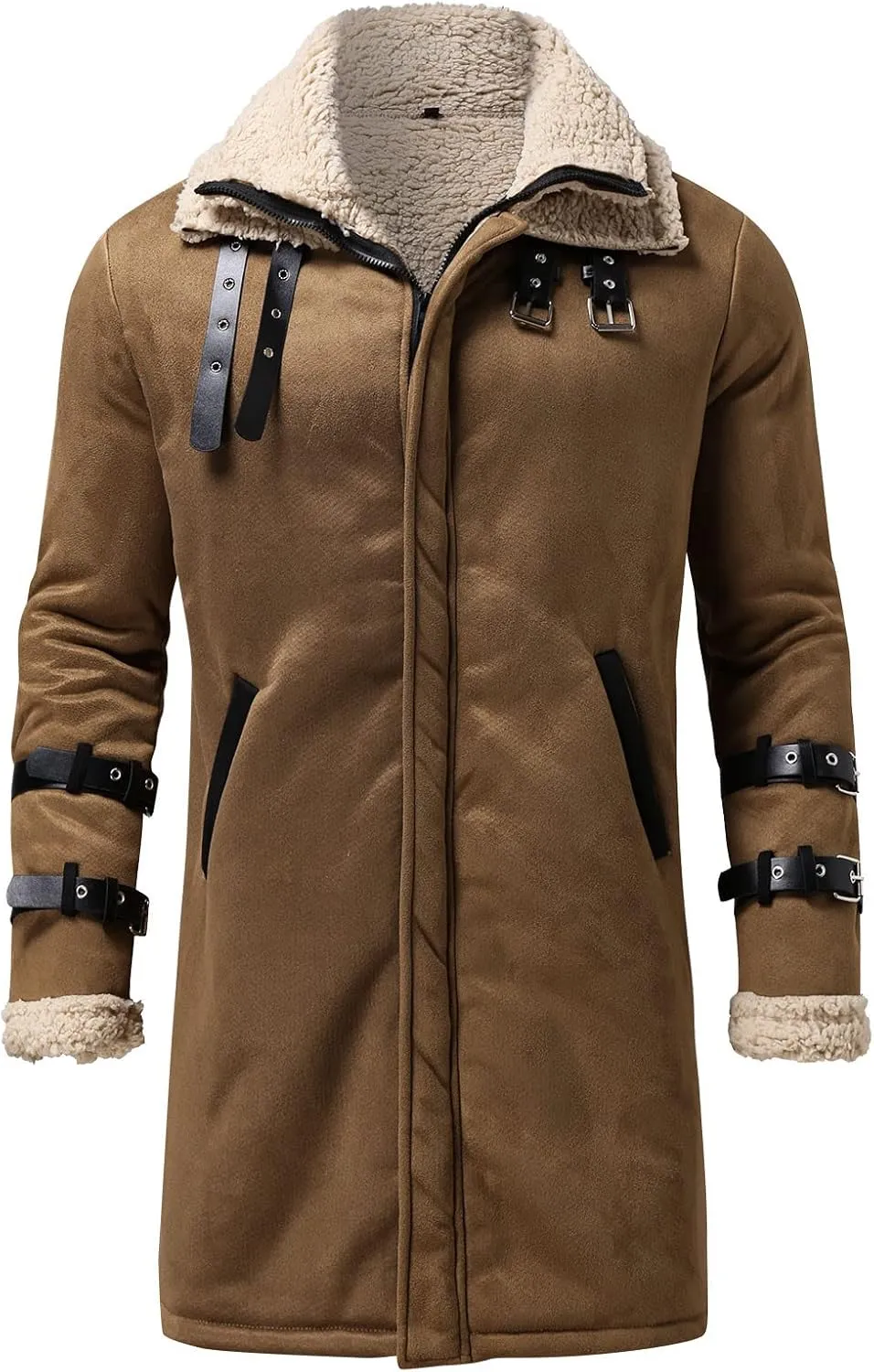 Men's Faux Shearling Midlength Overcoat Winter Thermal Sherpa Lined Long Jacket Fur Collar Suede Leather Trench Coat