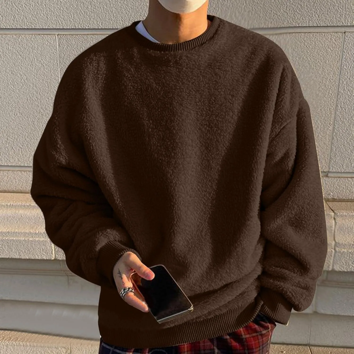 Mens Fleece Crewneck Sweatshirts Fuzzy Sherpa Sweatshirt Long Sleeve Fluffy Pullover Cozy Basic Fall Winter Warm Tops