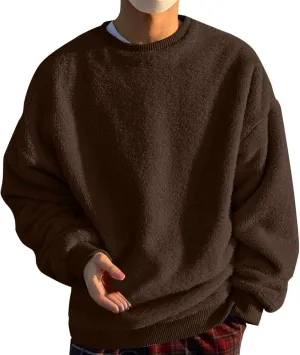 Mens Fleece Crewneck Sweatshirts Fuzzy Sherpa Sweatshirt Long Sleeve Fluffy Pullover Cozy Basic Fall Winter Warm Tops