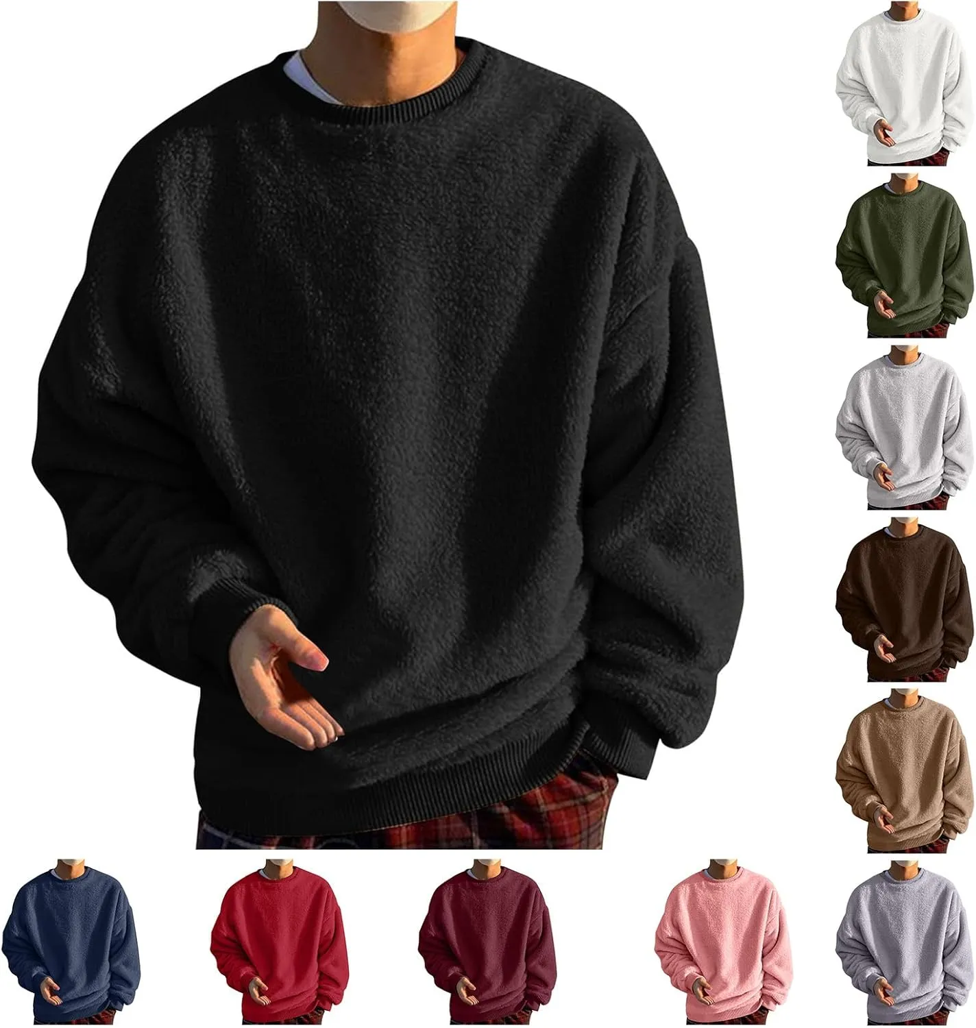 Mens Fleece Crewneck Sweatshirts Fuzzy Sherpa Sweatshirt Long Sleeve Fluffy Pullover Cozy Basic Fall Winter Warm Tops
