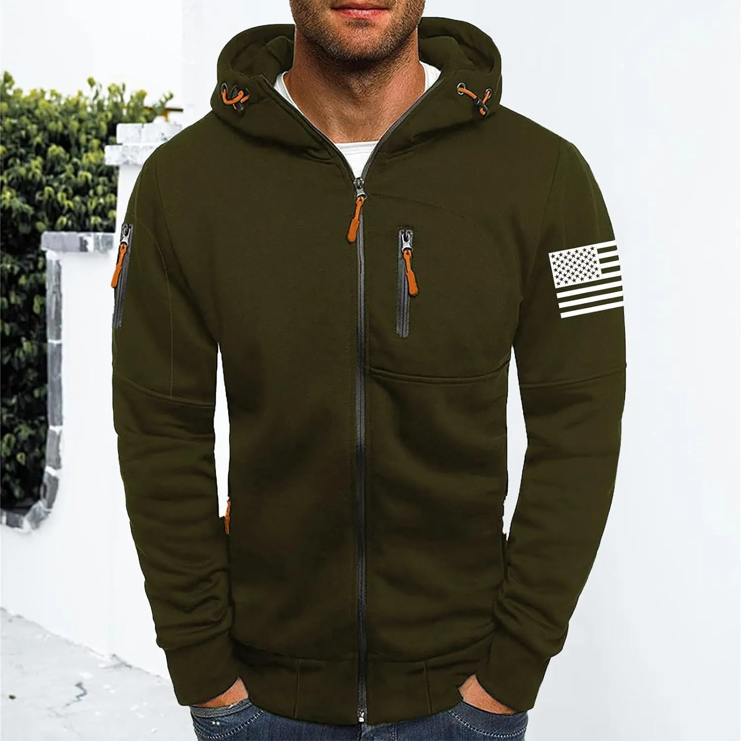 Mens Fleece Hoodies Full Zip Graphic Print Long Sleeve Sweatshirts Sports Casual Hooded Jackets with Zip Pockets