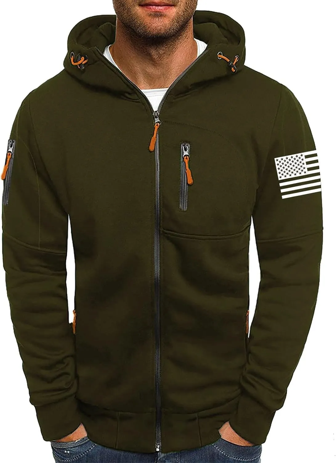 Mens Fleece Hoodies Full Zip Graphic Print Long Sleeve Sweatshirts Sports Casual Hooded Jackets with Zip Pockets