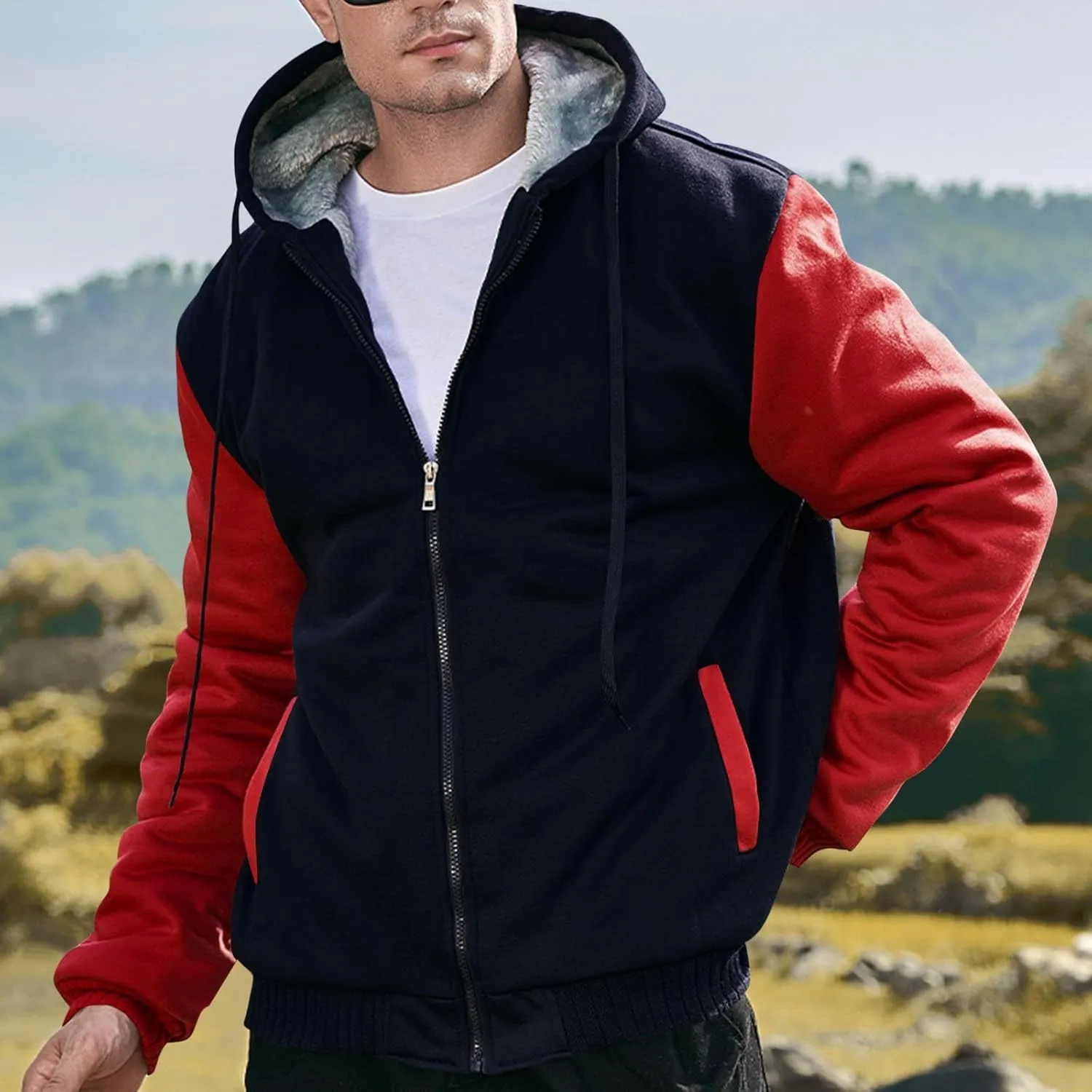Mens Fleece Lined Warm Jackets Zip Up Hooded Track Jackets Color Block Furry Comfy Thermal Sherpa Winter Coats