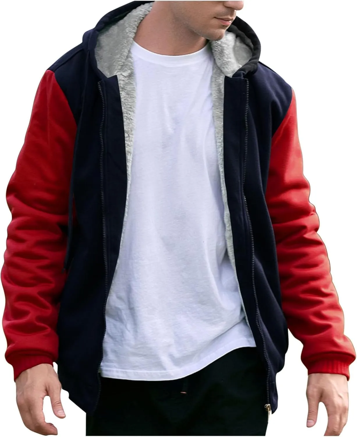 Mens Fleece Lined Warm Jackets Zip Up Hooded Track Jackets Color Block Furry Comfy Thermal Sherpa Winter Coats