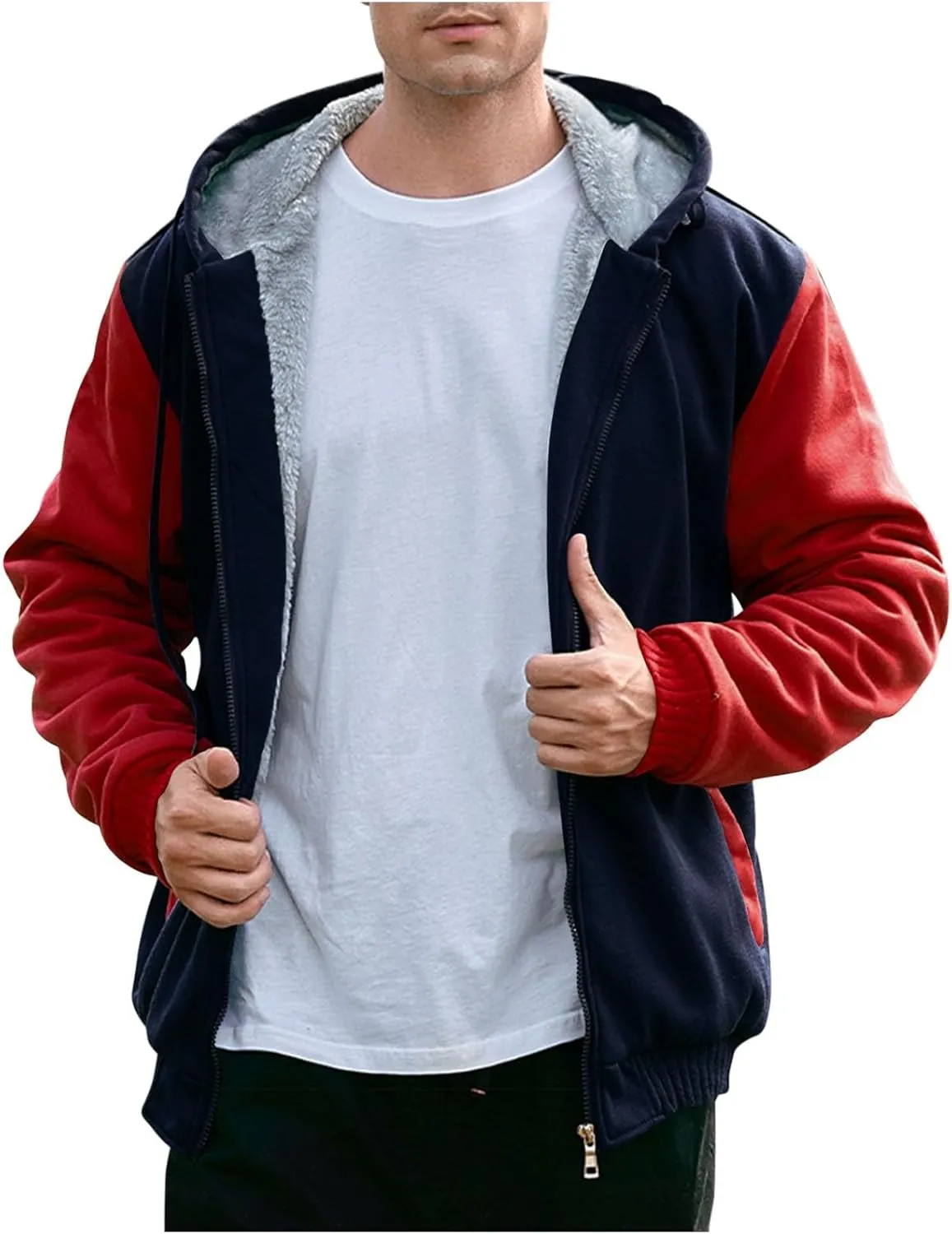 Mens Fleece Lined Warm Jackets Zip Up Hooded Track Jackets Color Block Furry Comfy Thermal Sherpa Winter Coats