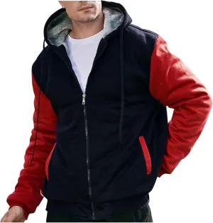Mens Fleece Lined Warm Jackets Zip Up Hooded Track Jackets Color Block Furry Comfy Thermal Sherpa Winter Coats