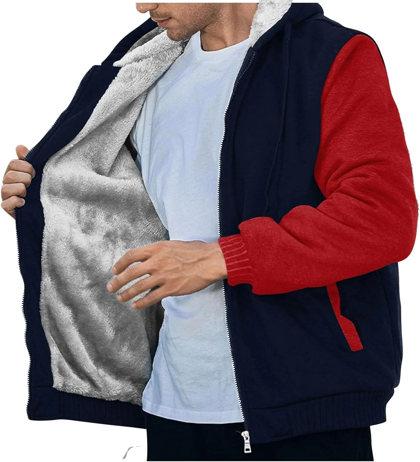 Mens Fleece Lined Warm Jackets Zip Up Hooded Track Jackets Color Block Furry Comfy Thermal Sherpa Winter Coats