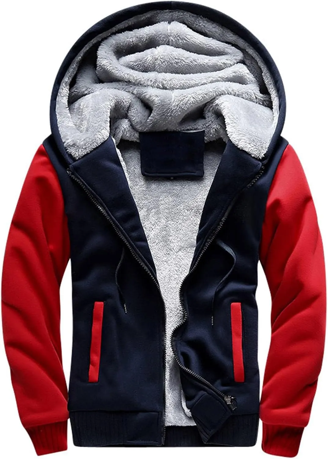 Mens Fleece Lined Warm Jackets Zip Up Hooded Track Jackets Color Block Furry Comfy Thermal Sherpa Winter Coats