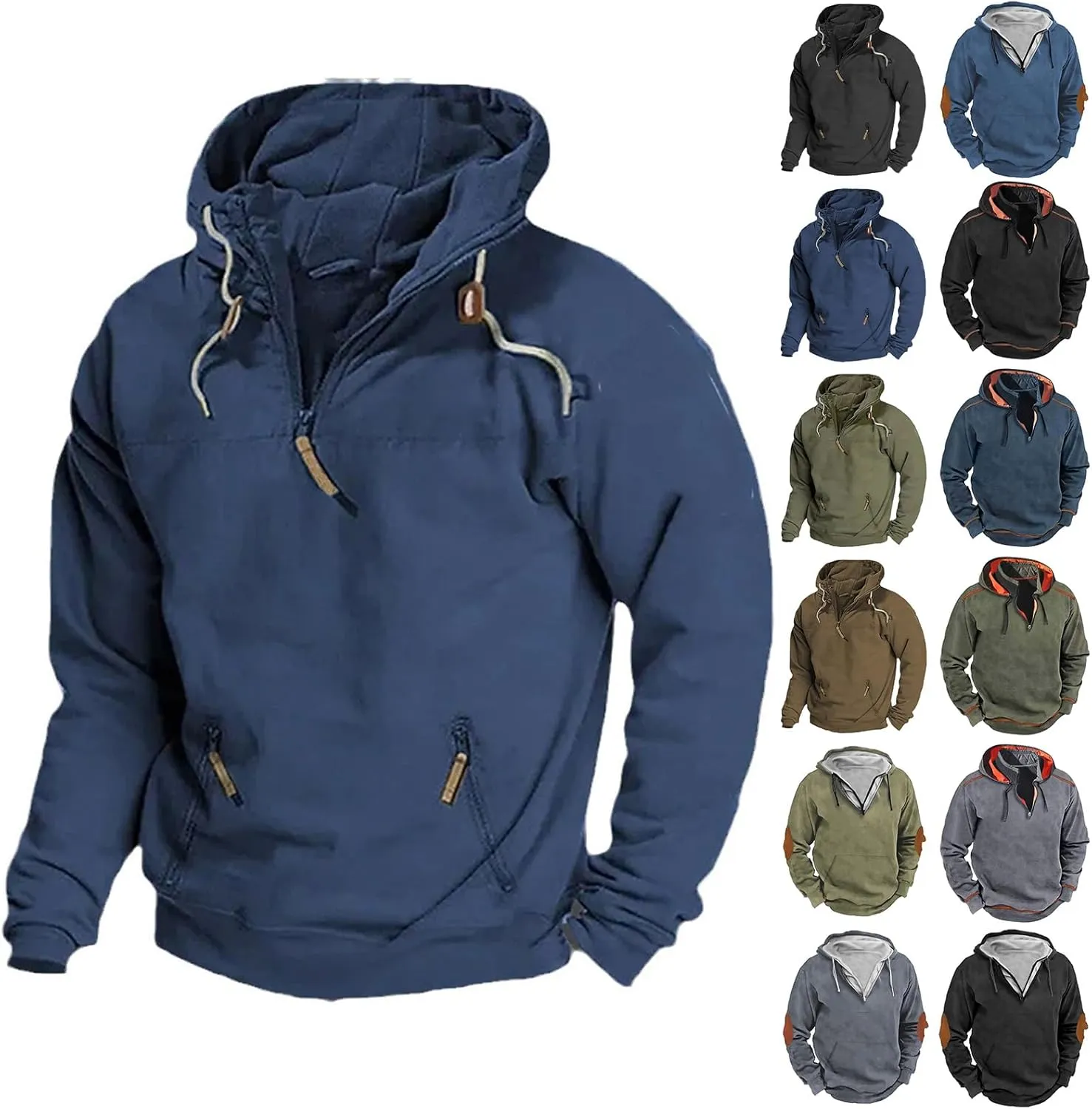 Men's Fleece Quarter Zip Pullover Long Sleeve Outdoor Casual Hooded Sweatshirt Loose Fit Heavyweight Hoodies
