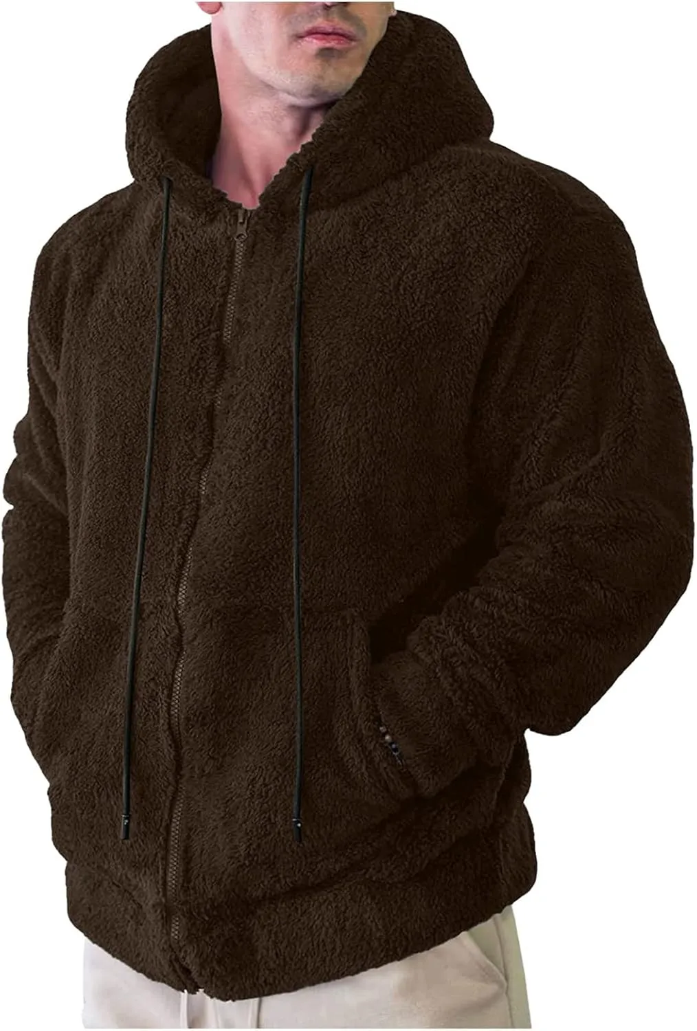 Mens Fuzzy Sherpa Jacket Hoodie Fluffy Fleece Open Front Cardigan Full Zip Up Soft Coat Fall Outwear with Pockets