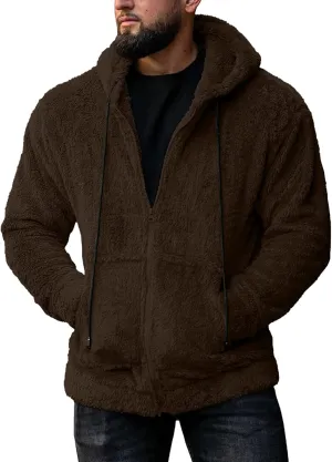 Mens Fuzzy Sherpa Jacket Hoodie Fluffy Fleece Open Front Cardigan Full Zip Up Soft Coat Fall Outwear with Pockets