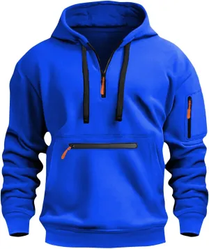 Mens Hoodies Quarter Zip Long Sleeve Tactical Sweatshirt Workout Pullover Shirt Loose Hooded Sweatshirt with Pockets