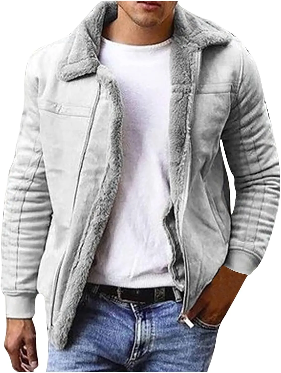 Mens Lamb Wool Bomber Coats Fleece Lined Jackets Long Sleeve Faux Leather Sherpa Jacket Heavyweight Winter Warm Top