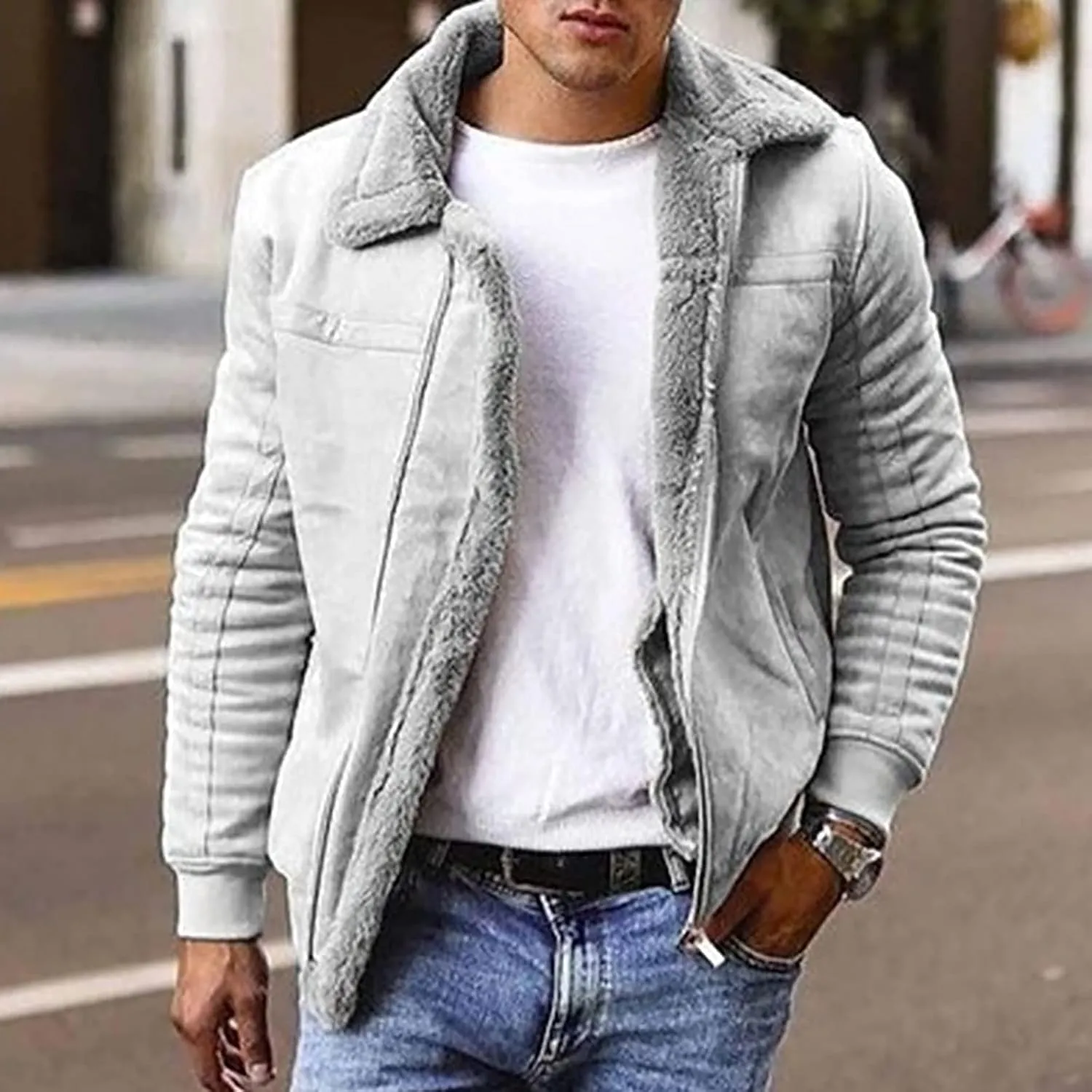 Mens Lamb Wool Bomber Coats Fleece Lined Jackets Long Sleeve Faux Leather Sherpa Jacket Heavyweight Winter Warm Top