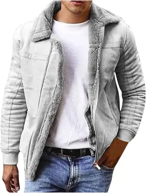 Mens Lamb Wool Bomber Coats Fleece Lined Jackets Long Sleeve Faux Leather Sherpa Jacket Heavyweight Winter Warm Top