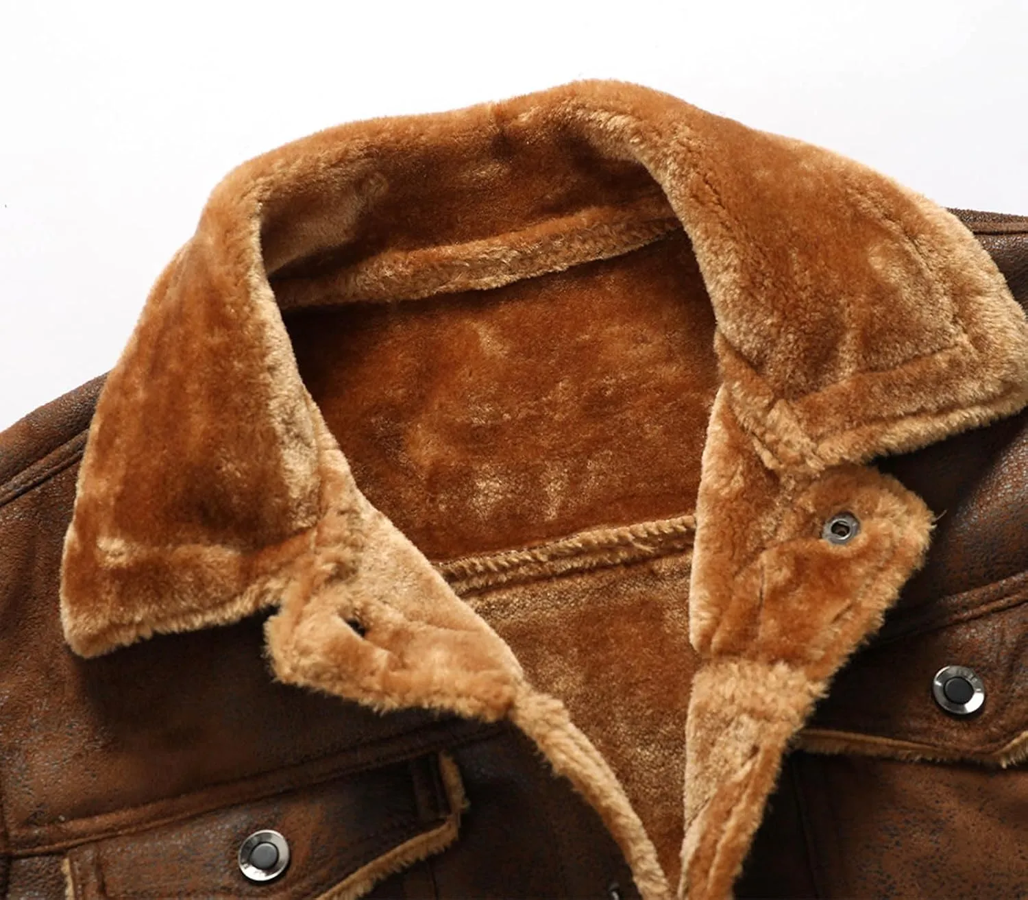 Men's Lambskin Leather Motorcycle Jacket Sherpa Fleece Lined Lapel Trucker Jackets Winter Thicken Warm Coat with Fur Collar