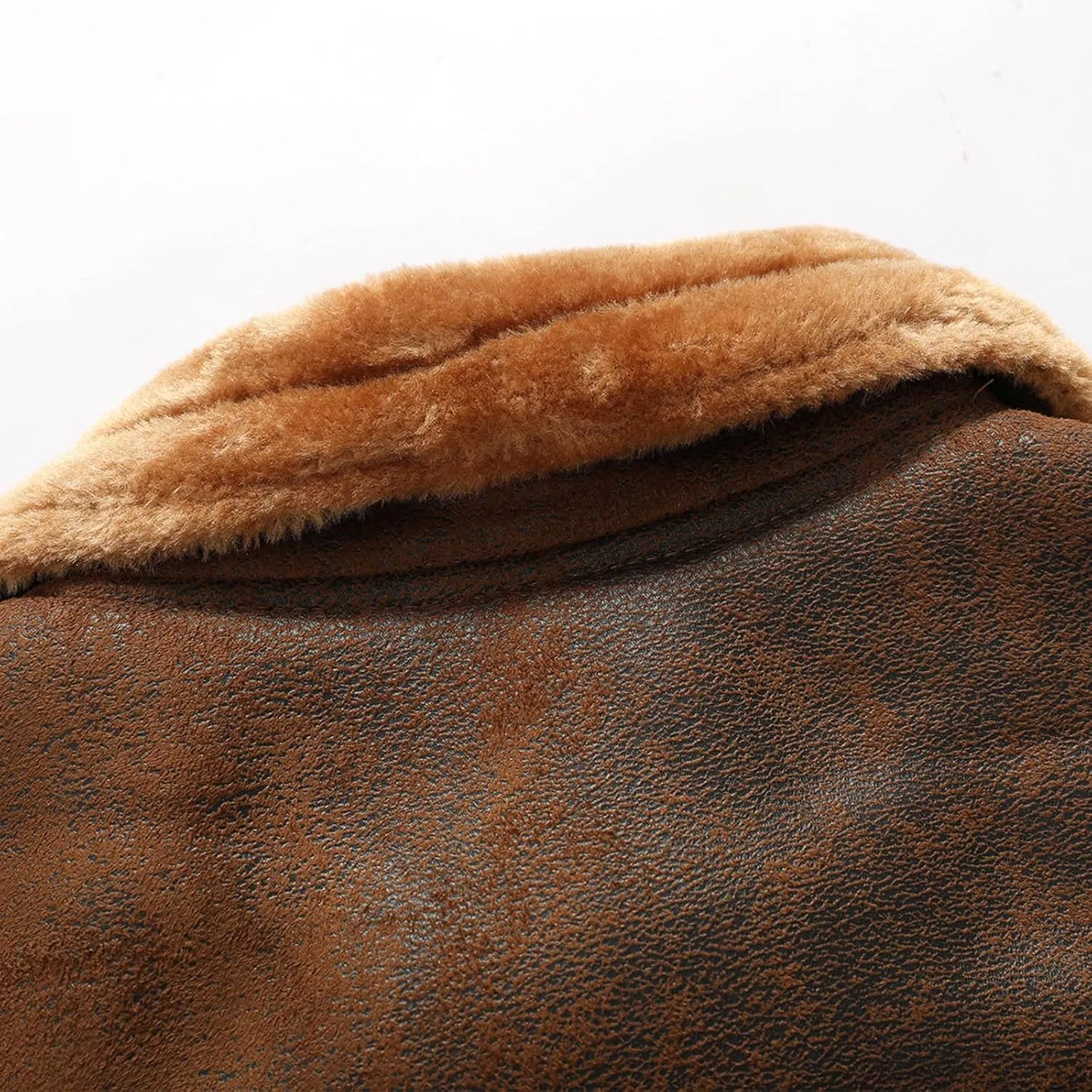 Men's Lambskin Leather Motorcycle Jacket Sherpa Fleece Lined Lapel Trucker Jackets Winter Thicken Warm Coat with Fur Collar